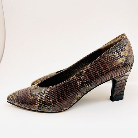 STUART WEITZMAN for Neiman Marcus Sz 8 Snakeskin Pumps Heels Stiletto Brown Gold - Picture 6 of 12